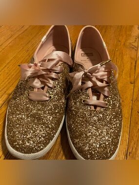 Keds Glitter Ribbon Lace-Up Sneakers in Rose Gold and Blush